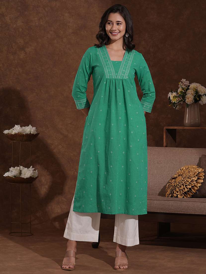 women self design three quarter sleeve a-line kurta - 22300522 -  Standard Image - 1