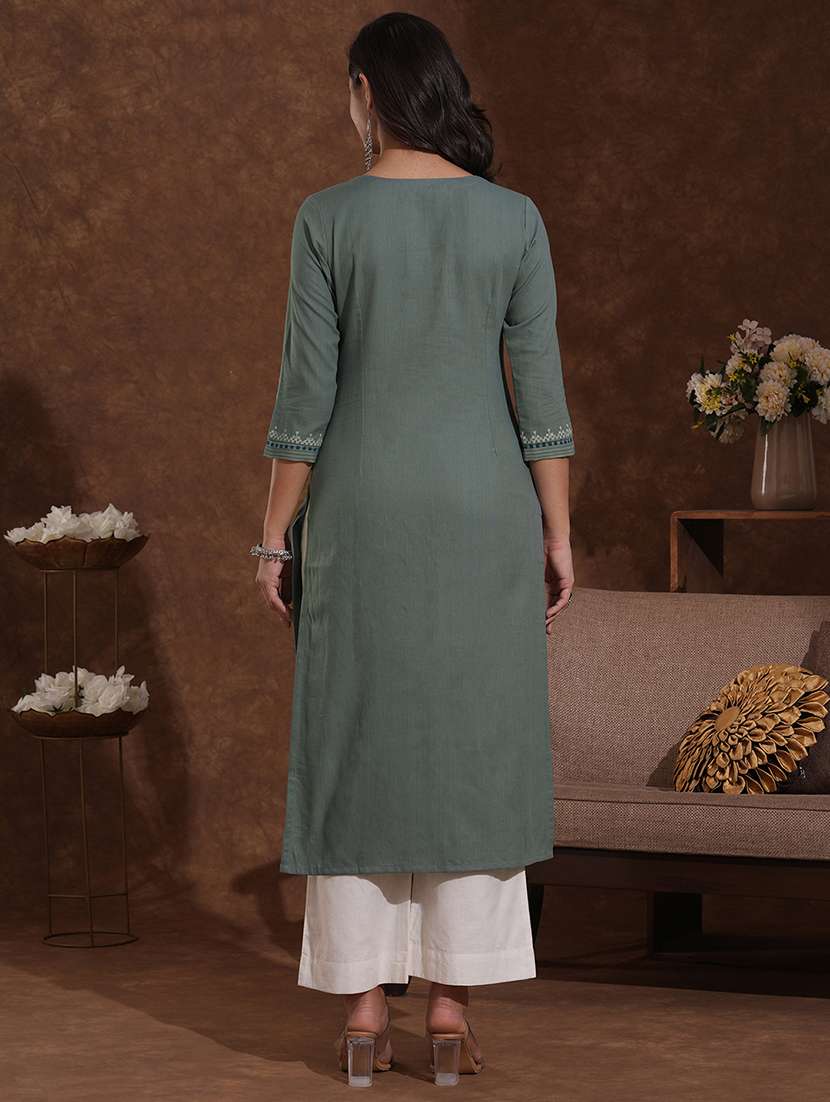 women self design three quarter sleeve straight kurta - 22300524 -  Standard Image - 4