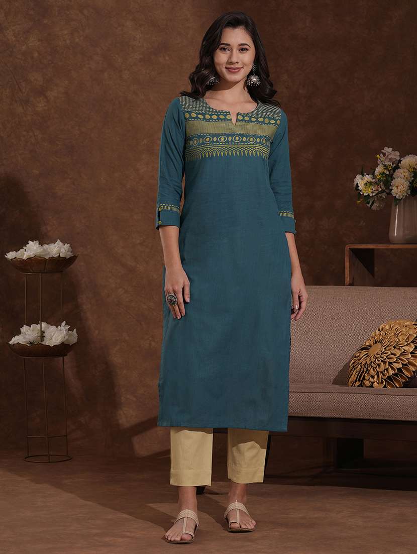 women self design three quarter sleeve straight kurta - 22300526 -  Standard Image - 1