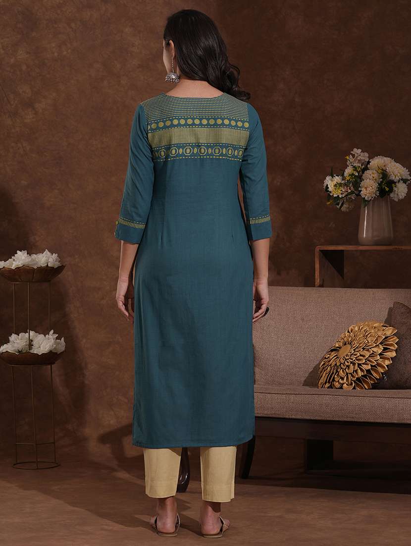 women self design three quarter sleeve straight kurta - 22300526 -  Standard Image - 4