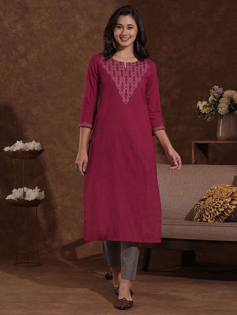 women solid with work three quarter sleeve straight kurta - 22300537 -  Standard Image - 1