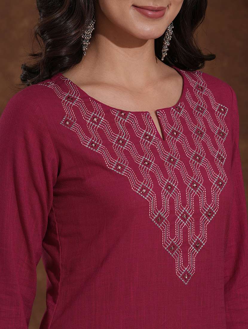 women solid with work three quarter sleeve straight kurta - 22300537 -  Standard Image - 6