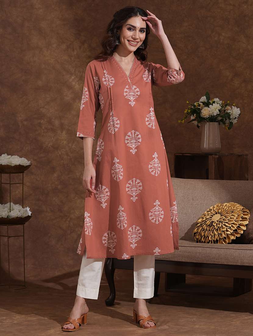 women printed three quarter sleeve a-line kurta - 22300541 -  Standard Image - 1