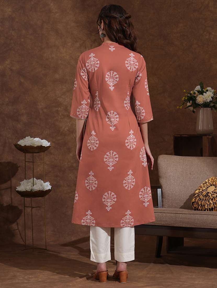 women printed three quarter sleeve a-line kurta - 22300541 -  Standard Image - 4