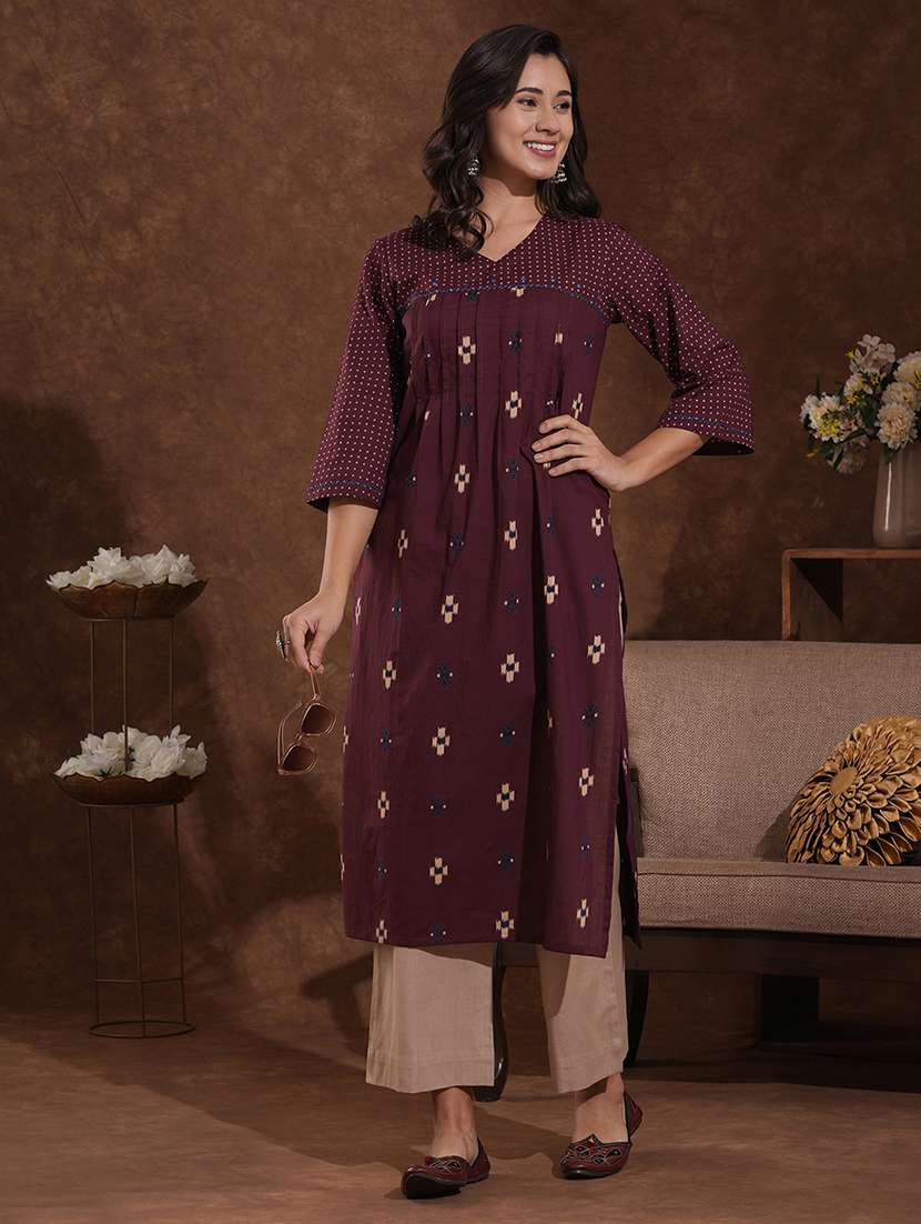 women printed three quarter sleeve a-line kurta