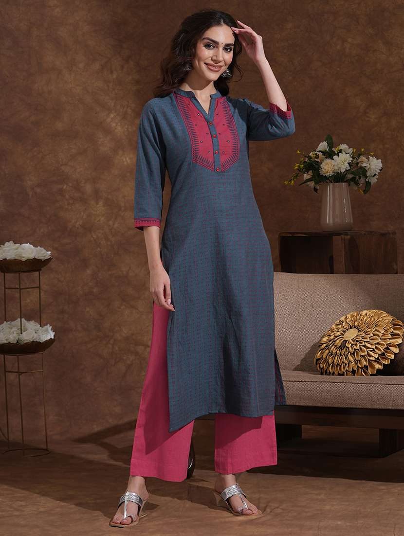 women self design three quarter sleeve straight kurta - 22300562 -  Standard Image - 1