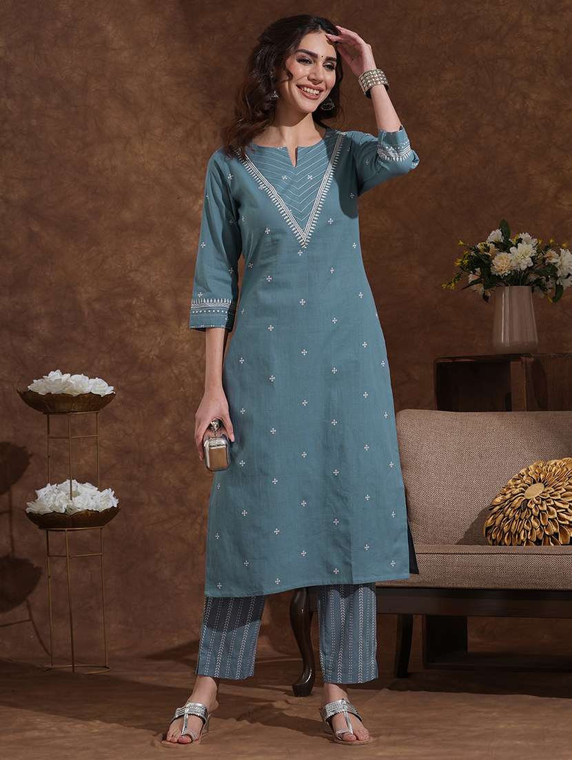 women solid with work notch neck kurta pant with dupatta set  - 22300565 -  Standard Image - 1