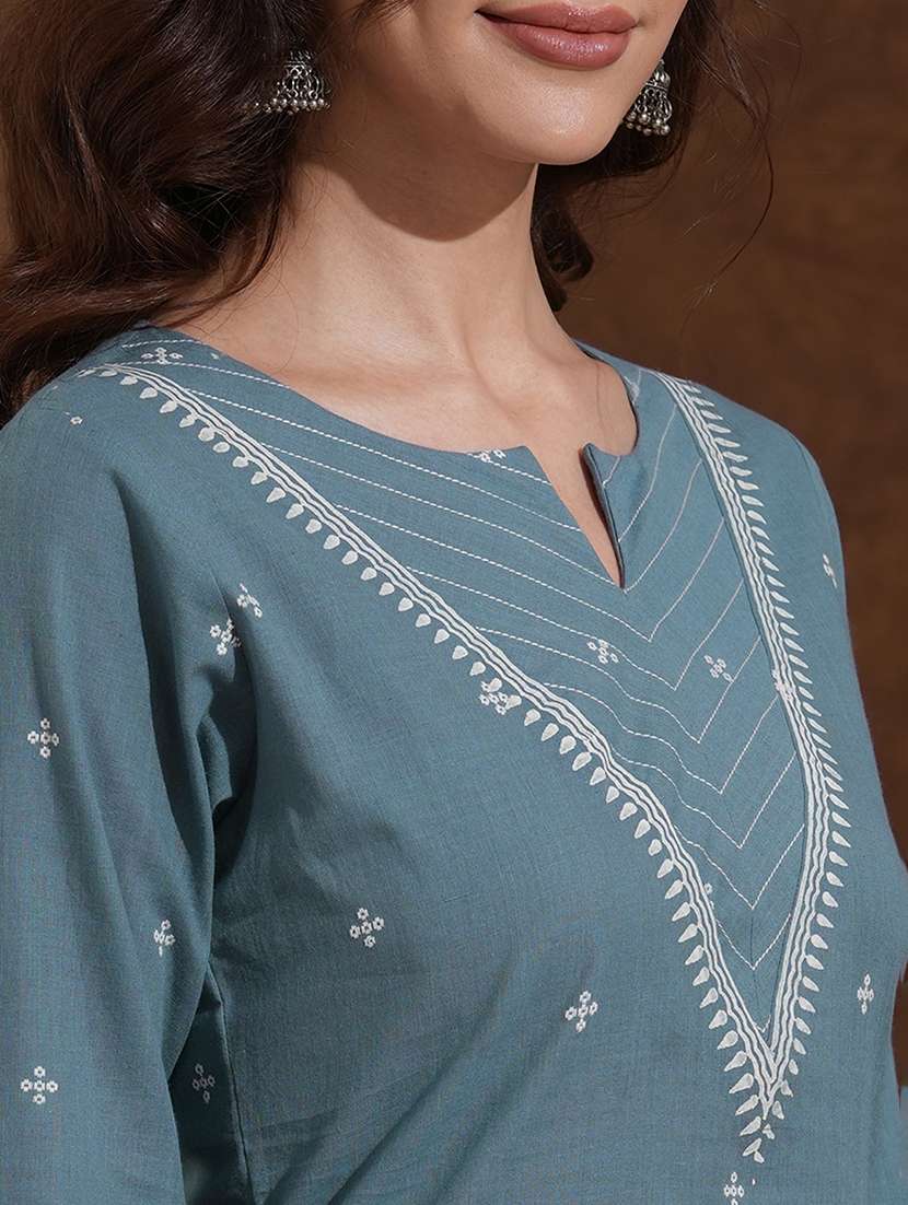 women solid with work notch neck kurta pant with dupatta set  - 22300565 -  Standard Image - 6