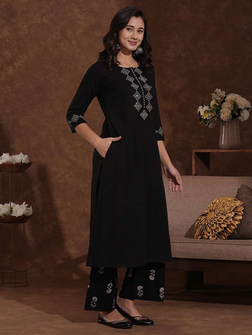 women solid with work round neck kurta pant set  - 22300566 -  Standard Image - 1