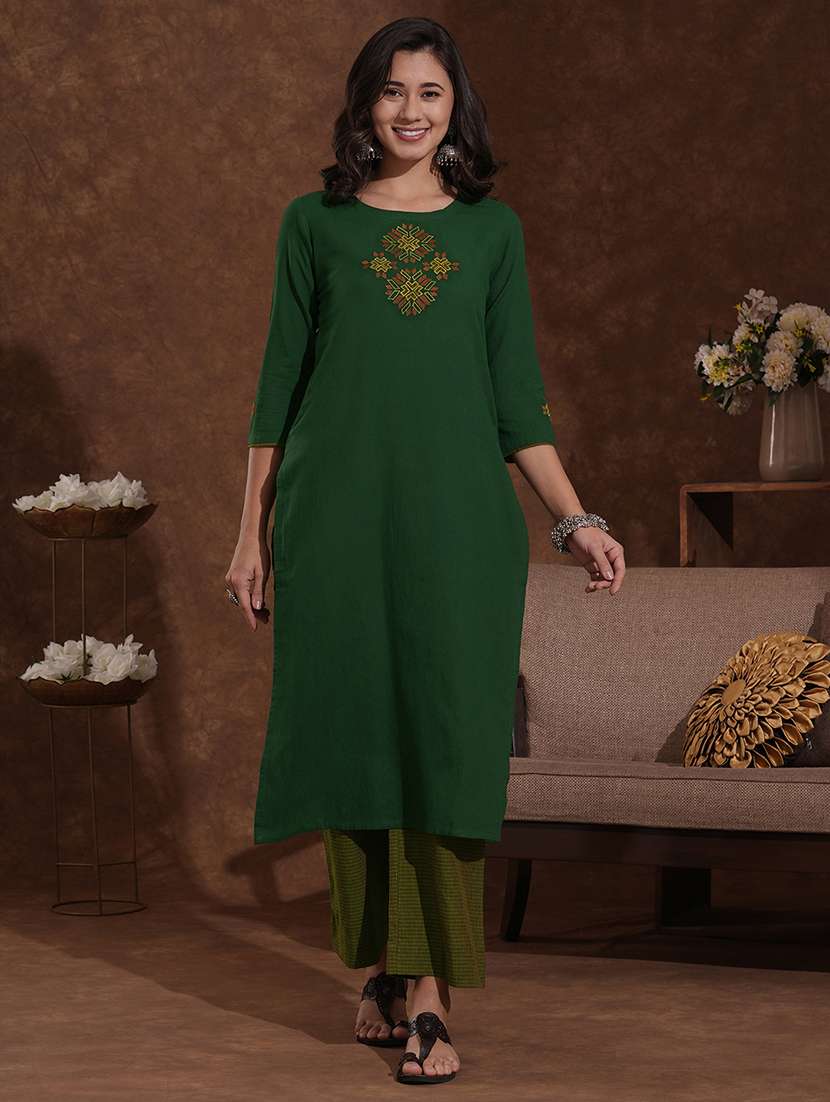 women solid with work round neck kurta pant set  - 22300567 -  Standard Image - 1