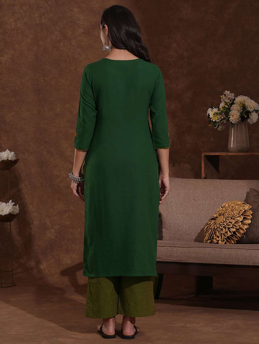 women solid with work round neck kurta pant set  - 22300567 -  Standard Image - 4