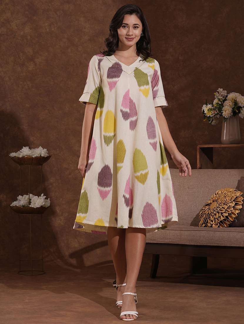 women printed elbow sleeve a-line dress - 22300569 -  Standard Image - 1
