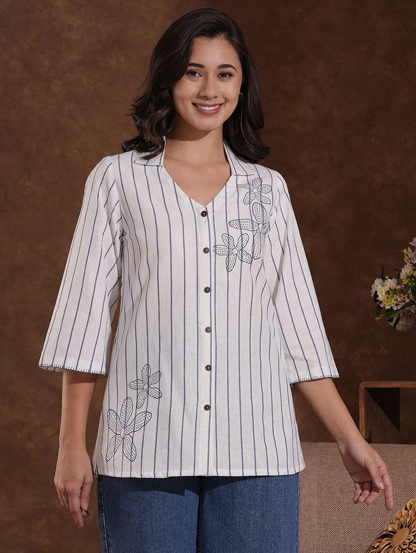 women striped three quarter sleeve regular top - 22300575 -  Standard Image - 1