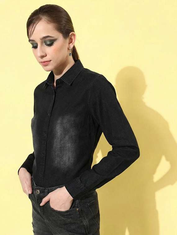 women solid collared long sleeve denim shirt - 22300805 -  Standard Image - 1