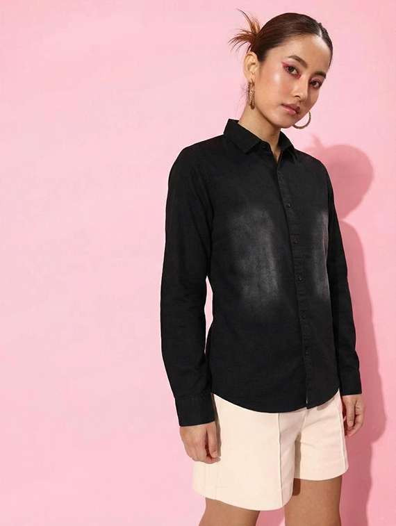 women solid collared long sleeve denim shirt - 22300807 -  Standard Image - 1