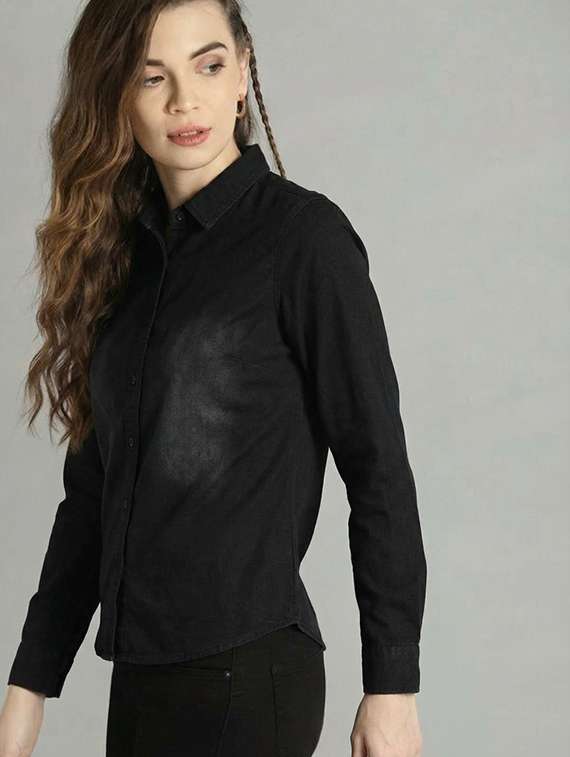 women solid collared long sleeve denim shirt - 22300808 -  Standard Image - 1