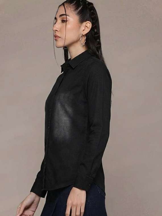 women solid collared long sleeve denim shirt - 22300812 -  Standard Image - 1