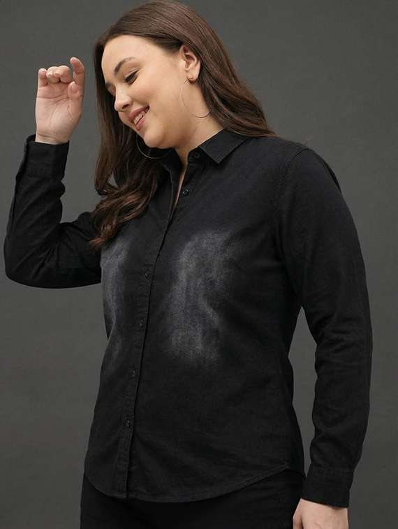 women solid collared long sleeve denim shirt - 22300813 -  Standard Image - 1