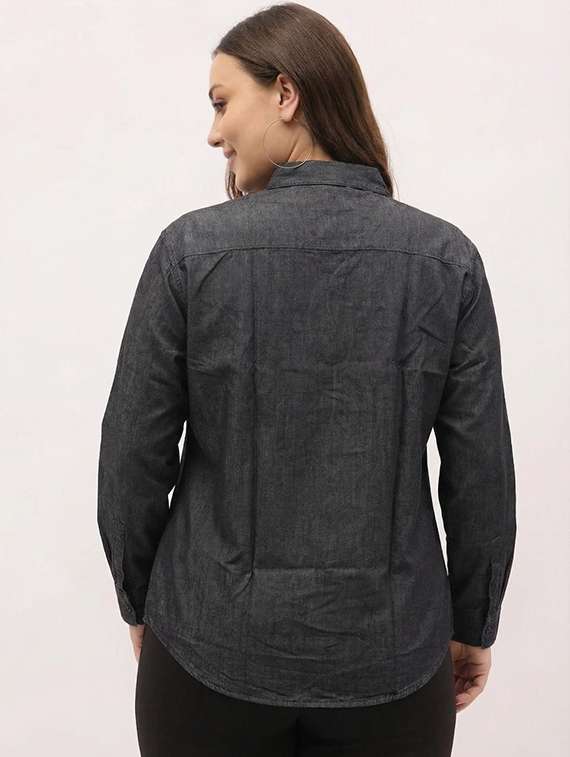 women solid collared long sleeve denim shirt - 22300813 -  Standard Image - 4