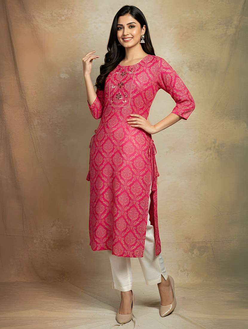 women printed three quarter sleeve straight kurta - 22301575 -  Standard Image - 1