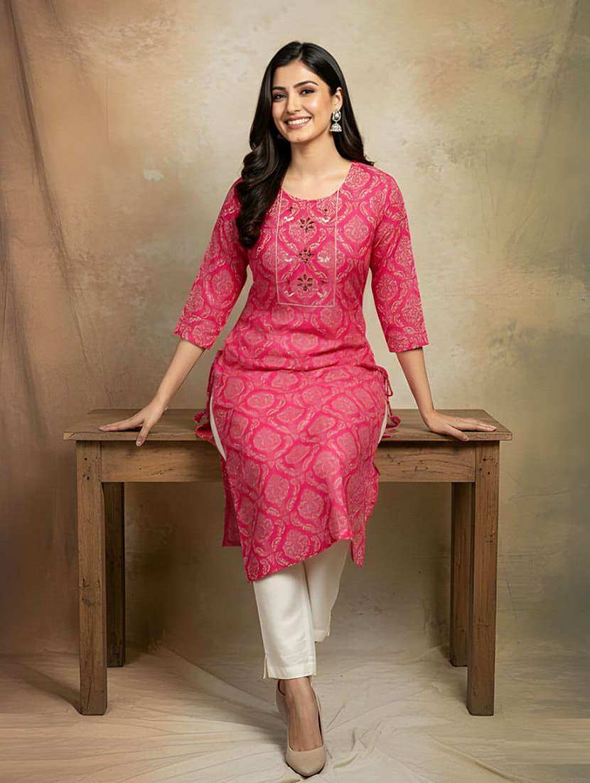 women printed three quarter sleeve straight kurta - 22301575 -  Standard Image - 4