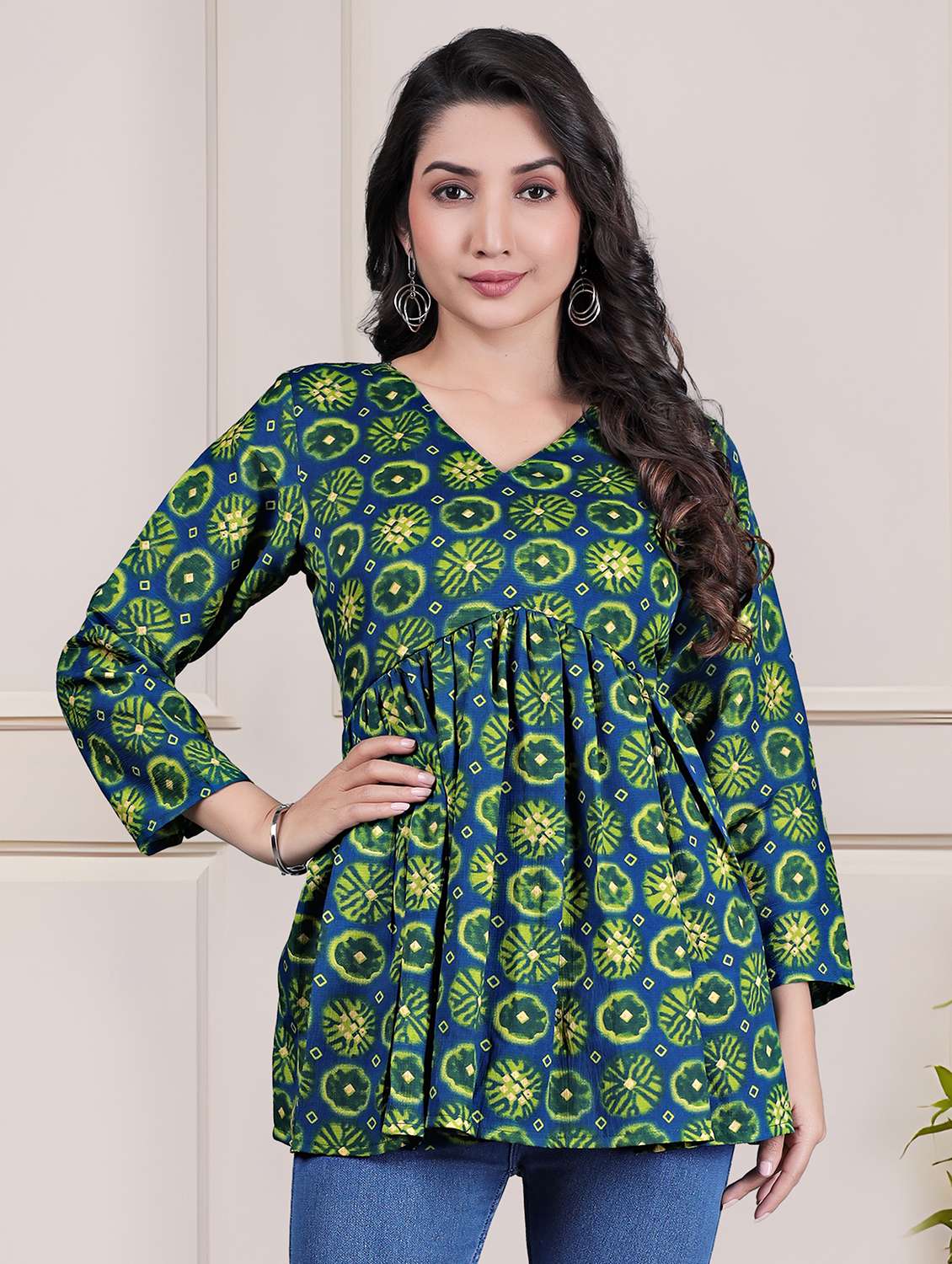 women printed long sleeve flared tunic