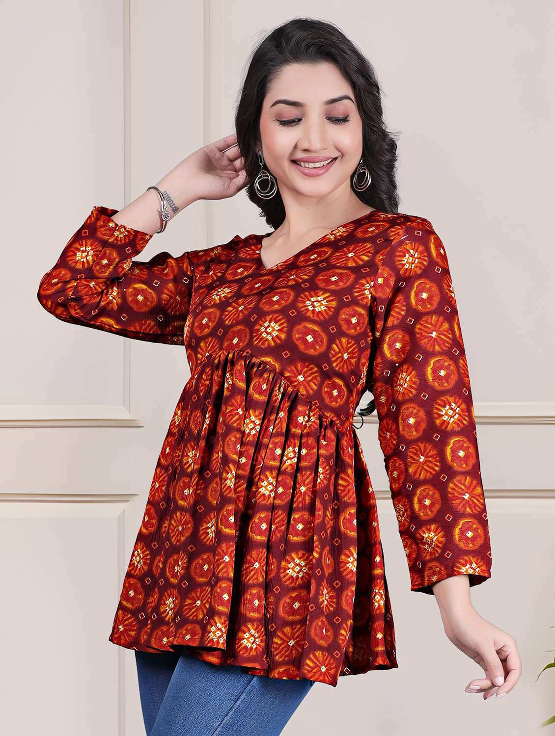 women printed long sleeve flared tunic - 22301579 -  Standard Image - 1