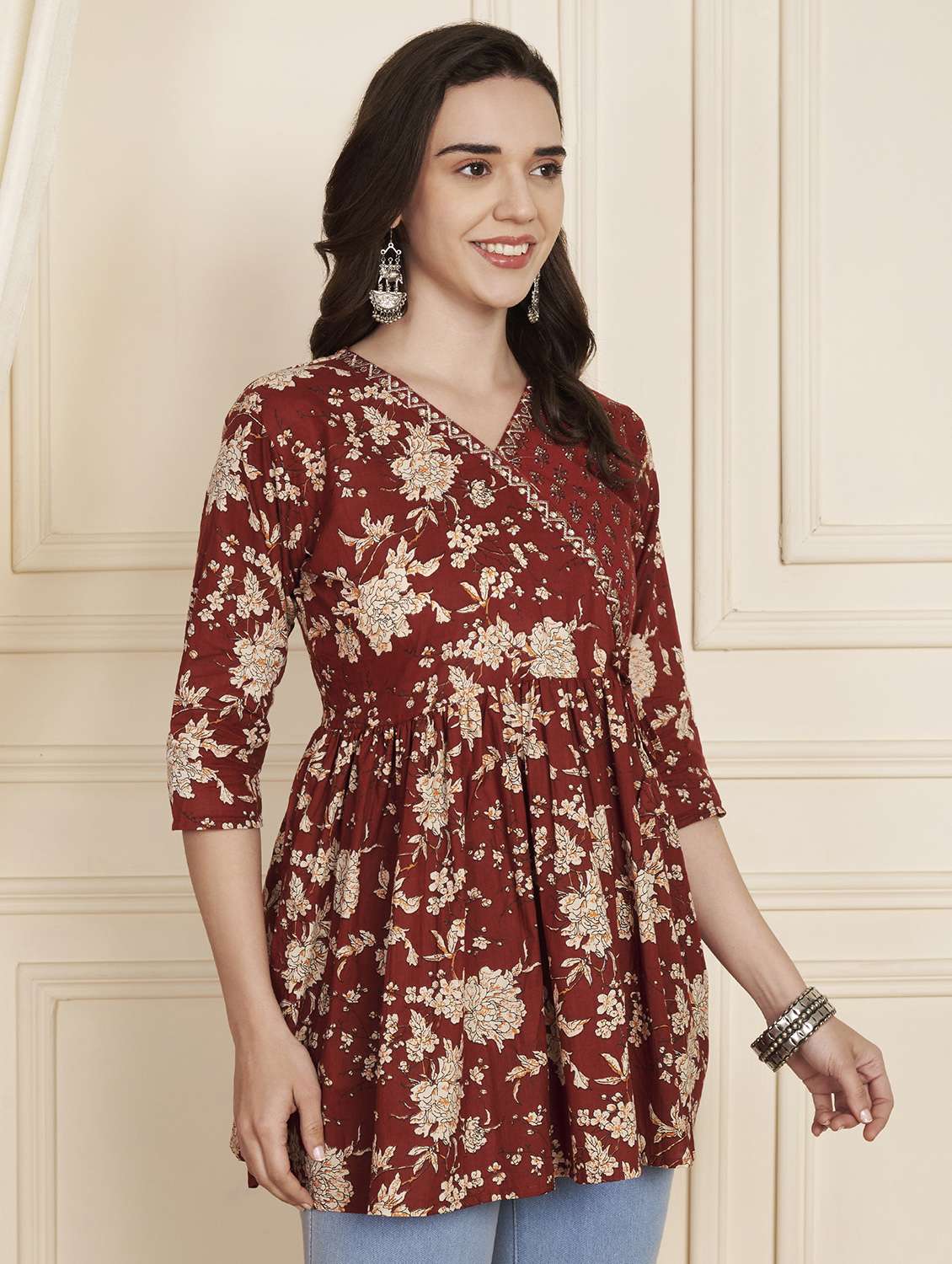 women printed three quarter sleeve sleeve flared kurti - 22301582 -  Standard Image - 1