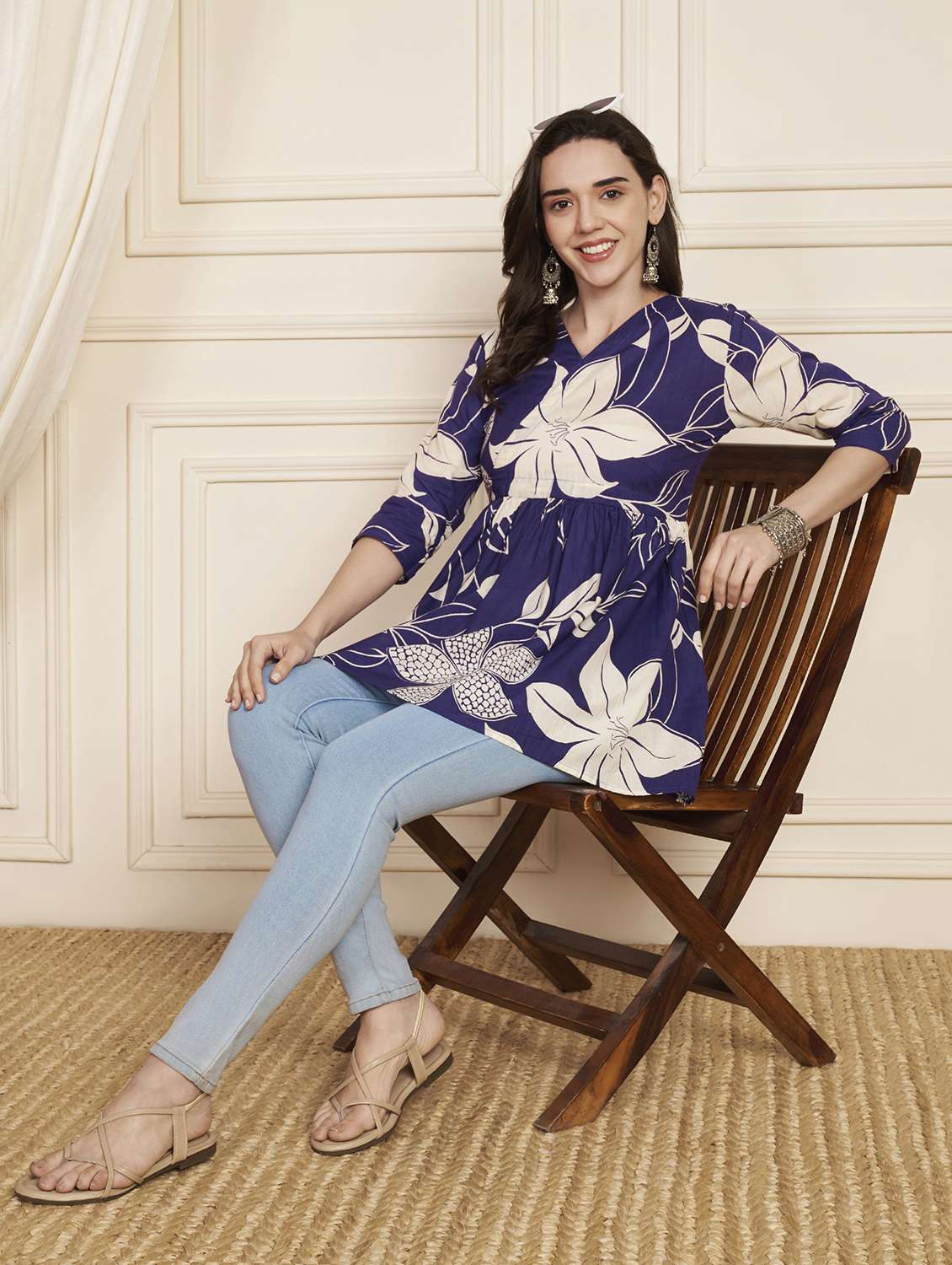 women printed three quarter sleeve sleeve flared kurti - 22301583 -  Standard Image - 4