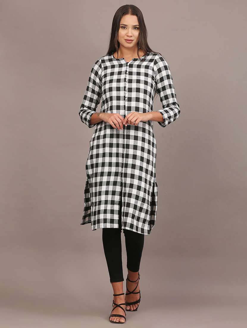 women checkered three quarter sleeve woolen kurta - 22301688 -  Standard Image - 1