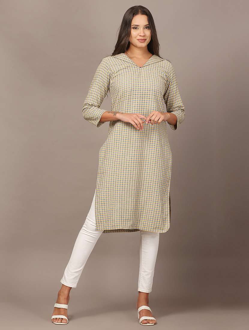 women checkered three quarter sleeve woolen kurta - 22301690 -  Standard Image - 1