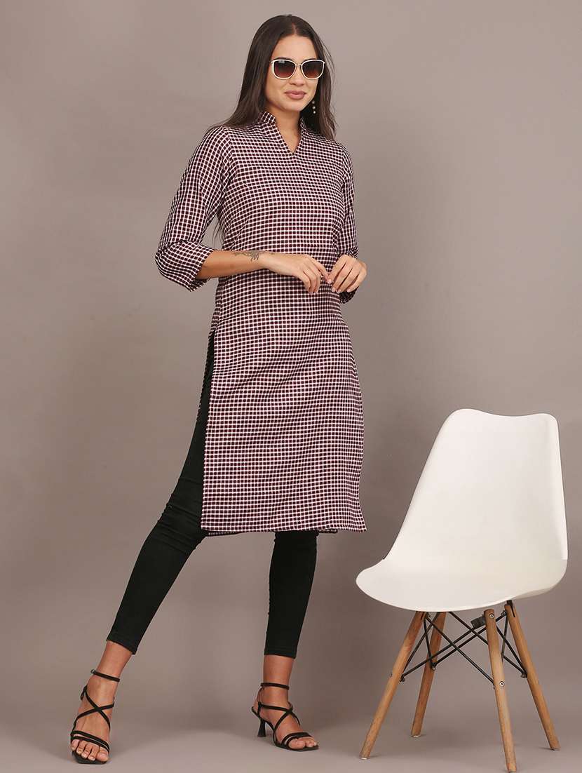 women checkered three quarter sleeve woolen kurta - 22301691 -  Standard Image - 1
