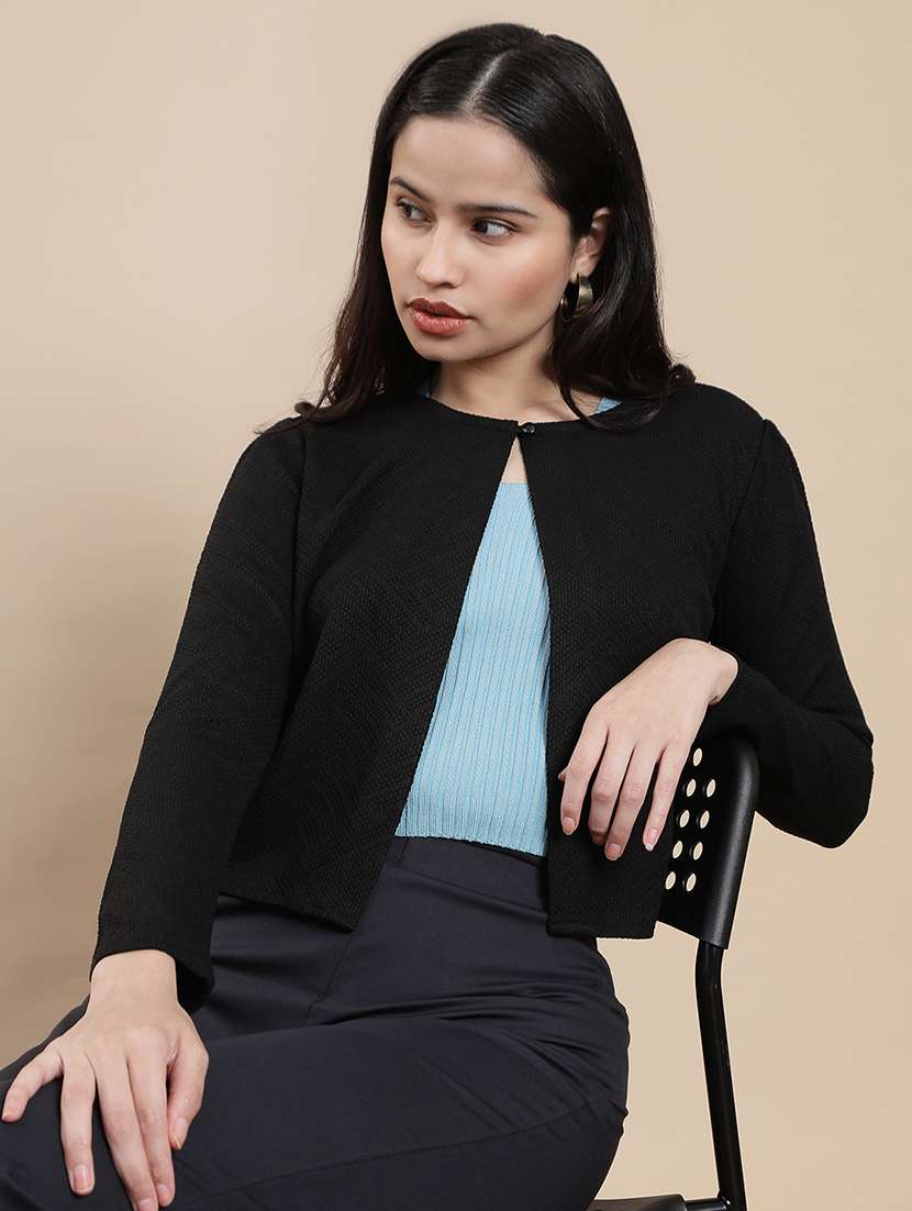 women solid long sleeve crop shrug