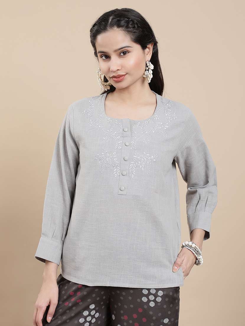 women embroidered long sleeve straight kurti - 22301823 -  Standard Image - 1