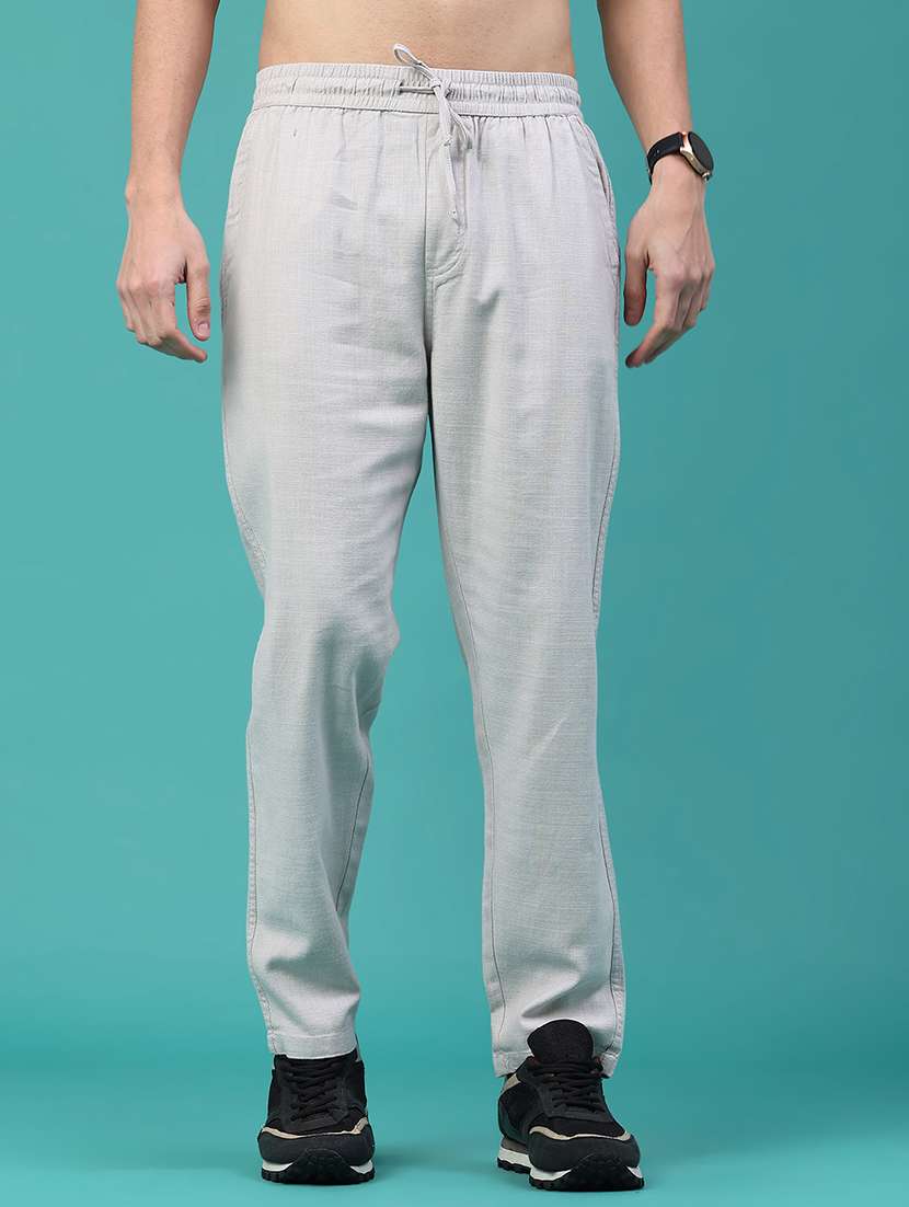 men solid mid rise flat front casual trouser