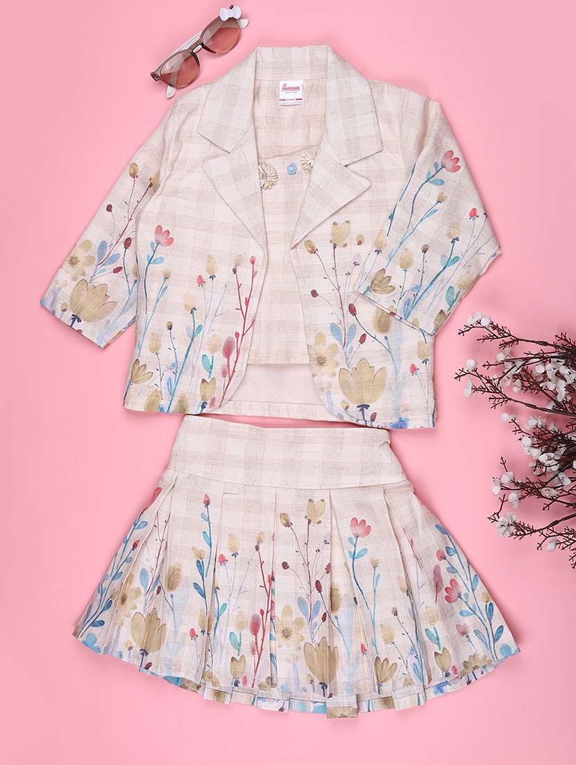girls printed three quarter sleeves top and skirt set with jacket  - 22302222 -  Standard Image - 1
