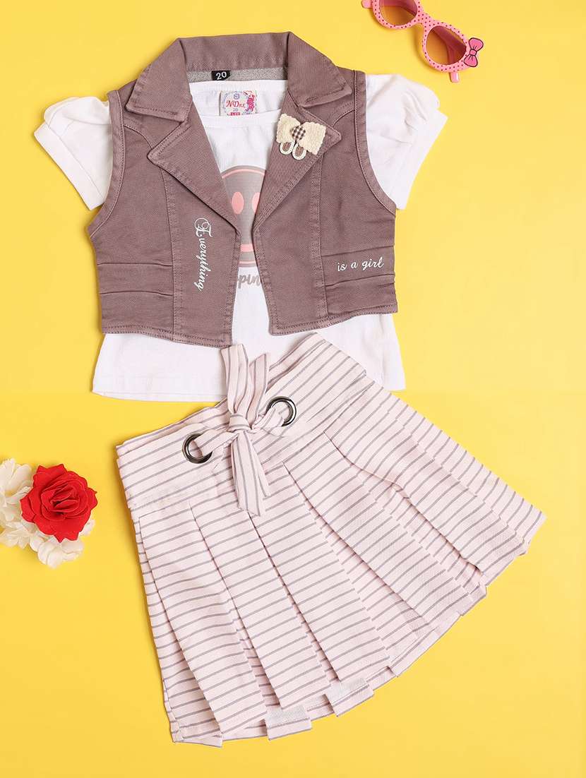 girls printed short sleeves top skirt set with jacket - 22302276 -  Standard Image - 1