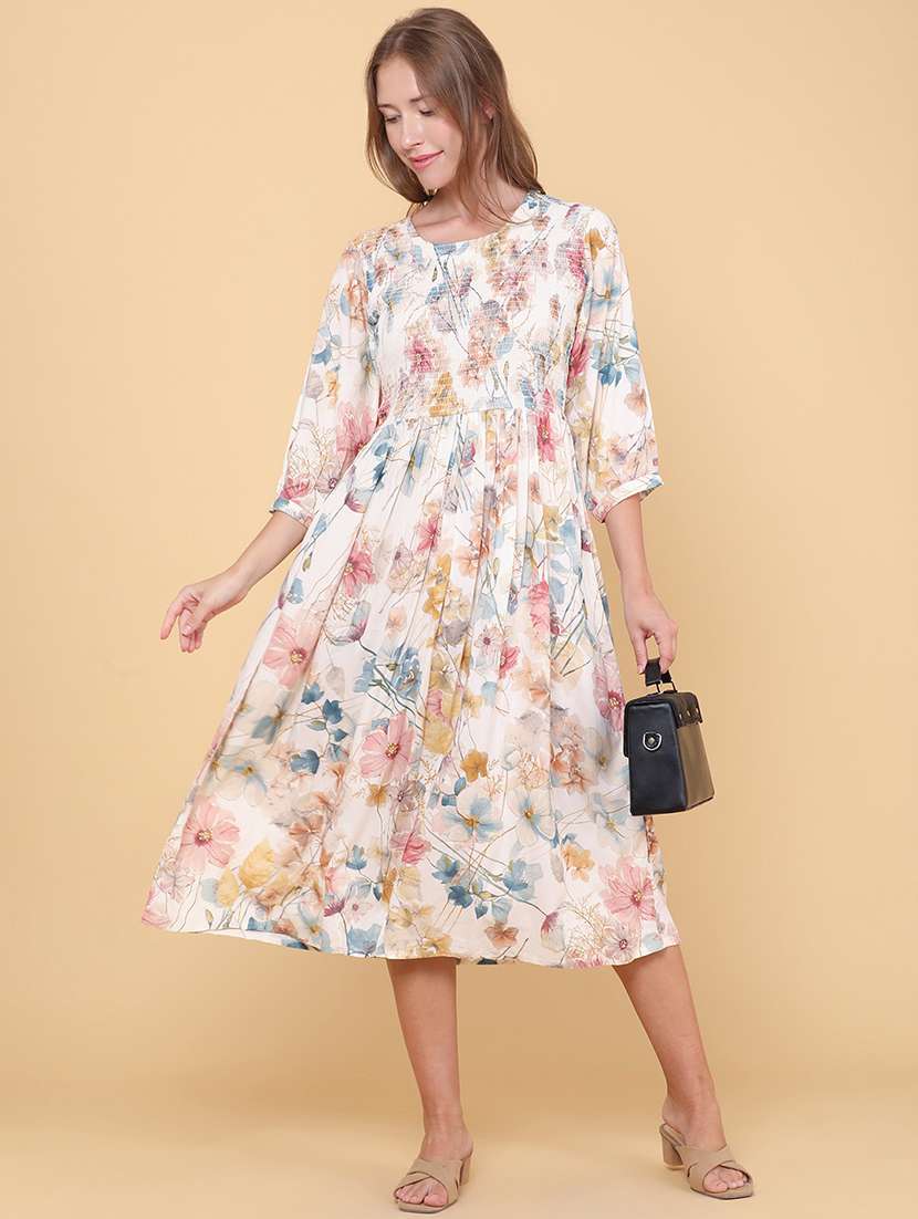 women printed round neck fit and flare dress