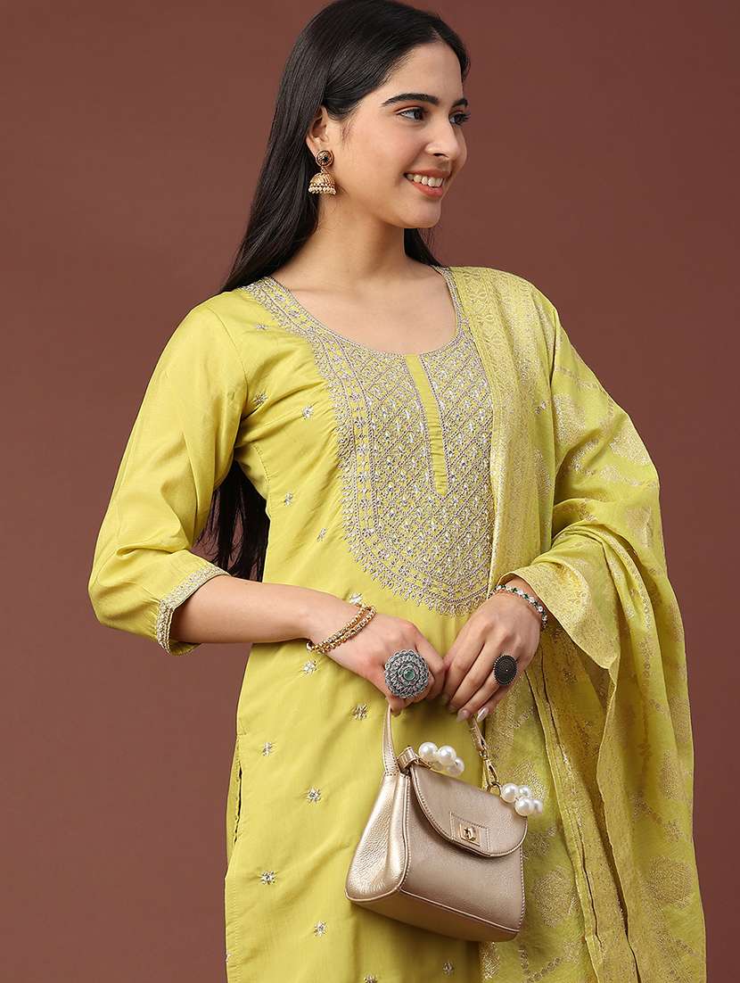 Women Solid With Work Three Quarter Sleeve Kurta Pant With Dupatta Set - 22302498 -  Standard Image - 1