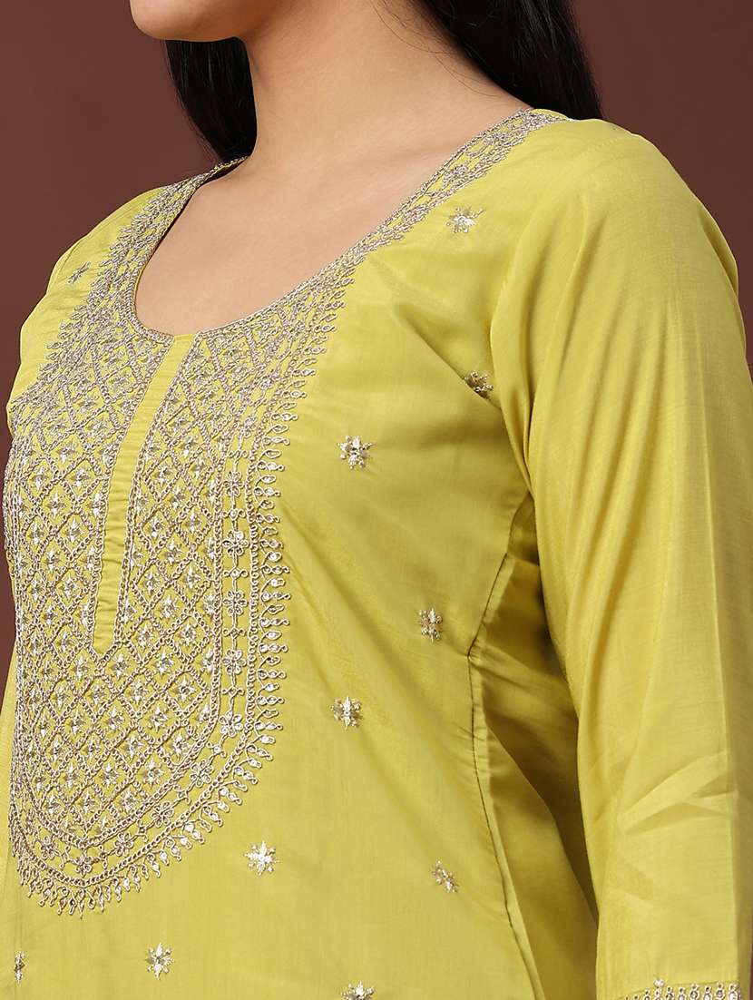 Women Solid With Work Three Quarter Sleeve Kurta Pant With Dupatta Set - 22302498 -  Standard Image - 4