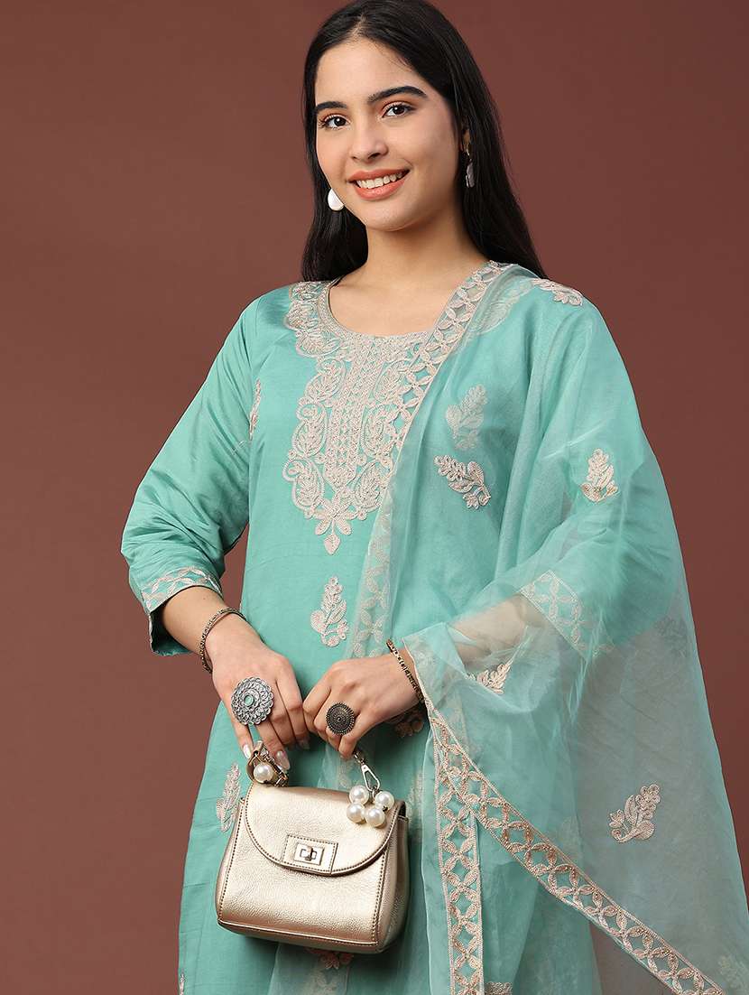 women solid with work three quarter sleeve kurta pant with dupatta set - 22302535 -  Standard Image - 1