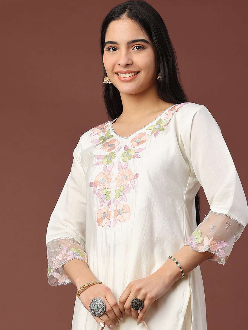 women solid with work three quarter sleeve kurta pant with dupatta set - 22302536 -  Standard Image - 1