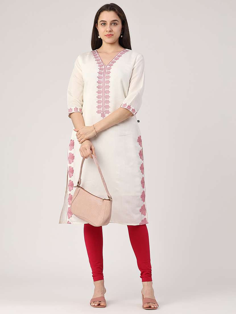 Women Solid With Work Three Quarter Sleeve Straight Kurta - 22302667 -  Standard Image - 4