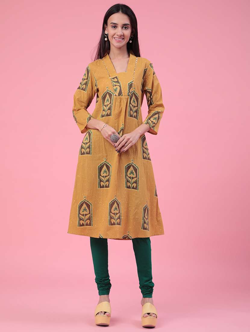 women printed three quarter sleeves a-line kurta
