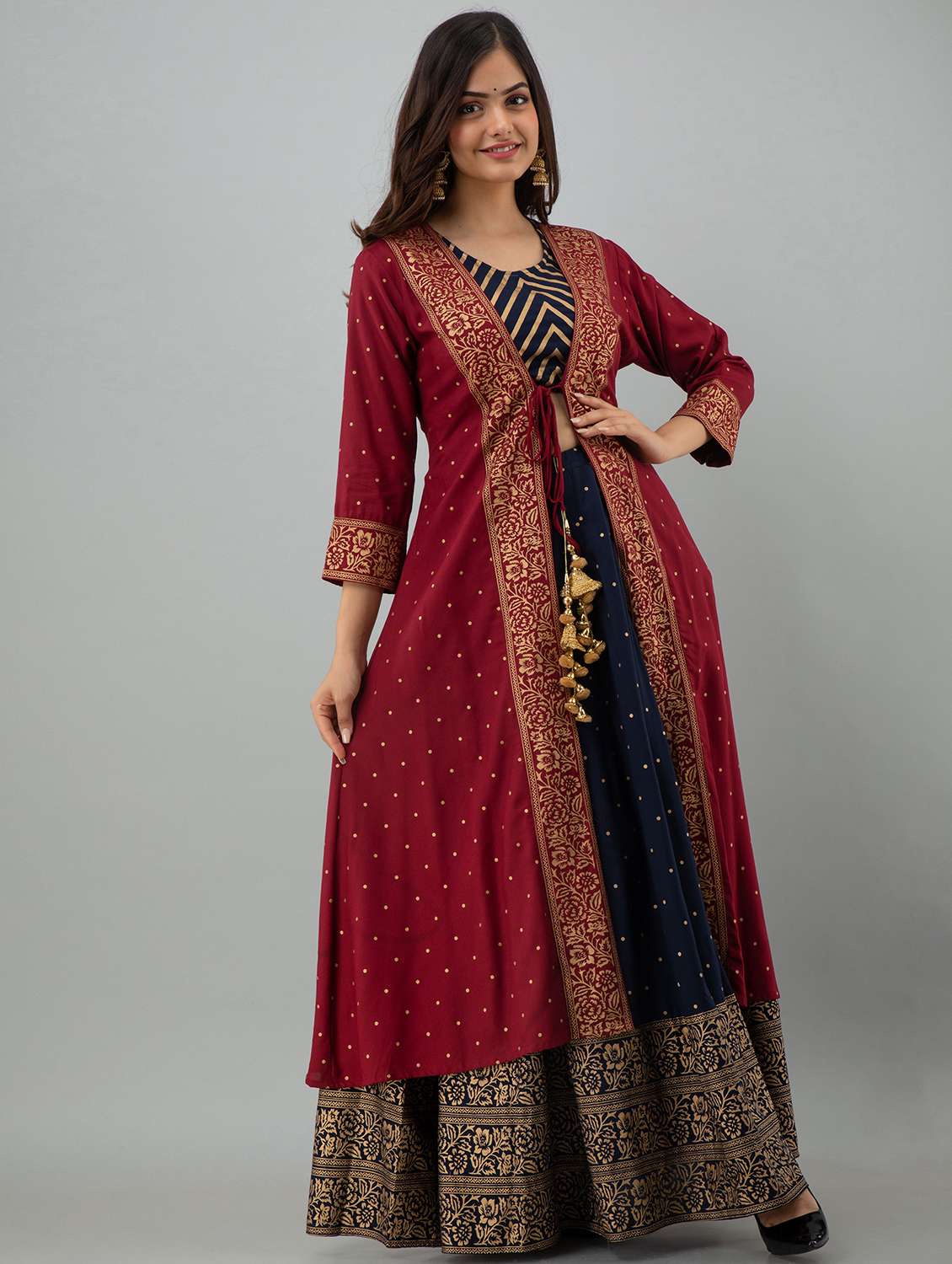 women printed three quarter sleeve kurta skirt with crop top set - 22303172 -  Standard Image - 1