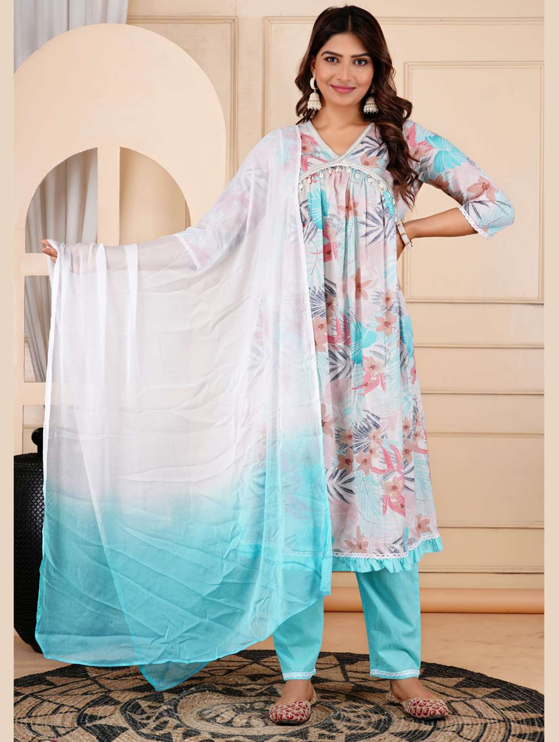 women floral three quarter sleeve kurta pant with dupatta set - 22303174 -  Standard Image - 1