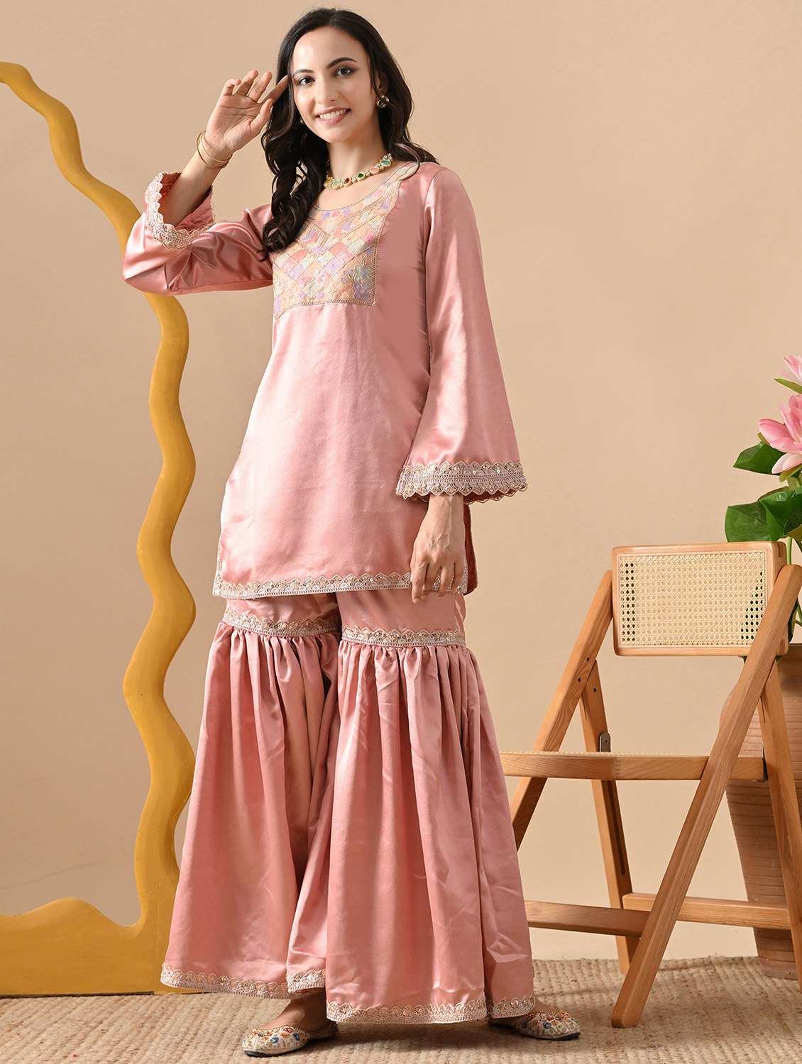 women solid with work long sleeve kurta sharara with dupatta set - 22303175 -  Standard Image - 1