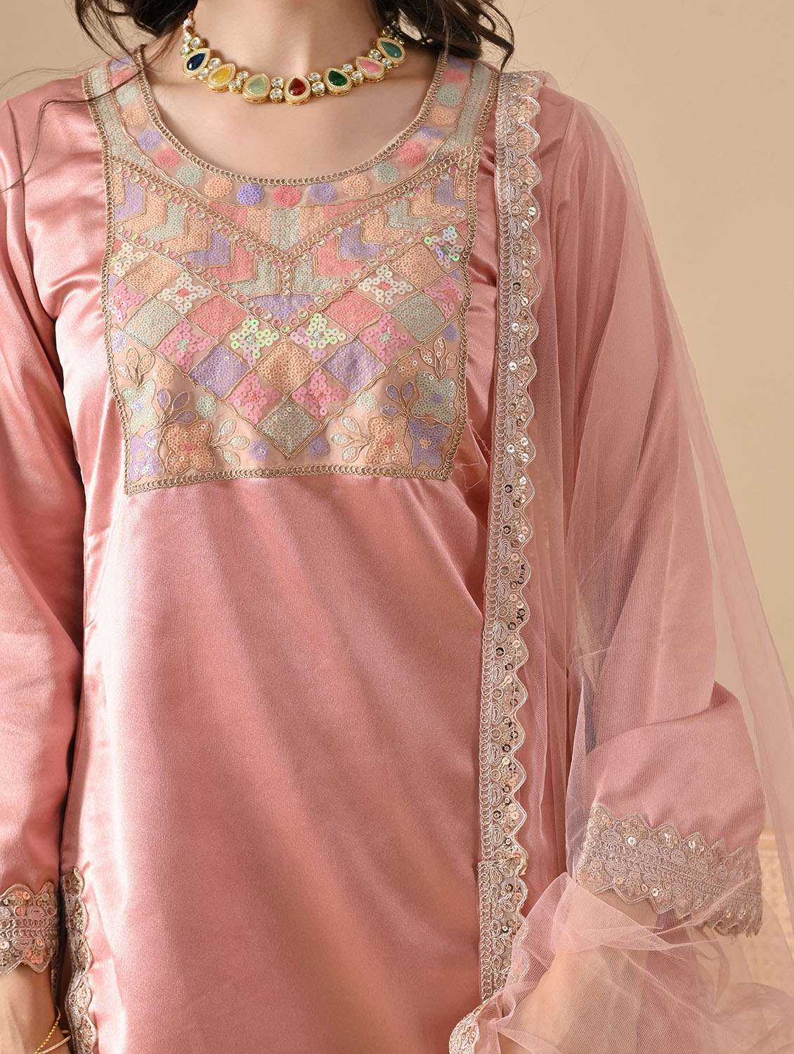 women solid with work long sleeve kurta sharara with dupatta set - 22303175 -  Standard Image - 4