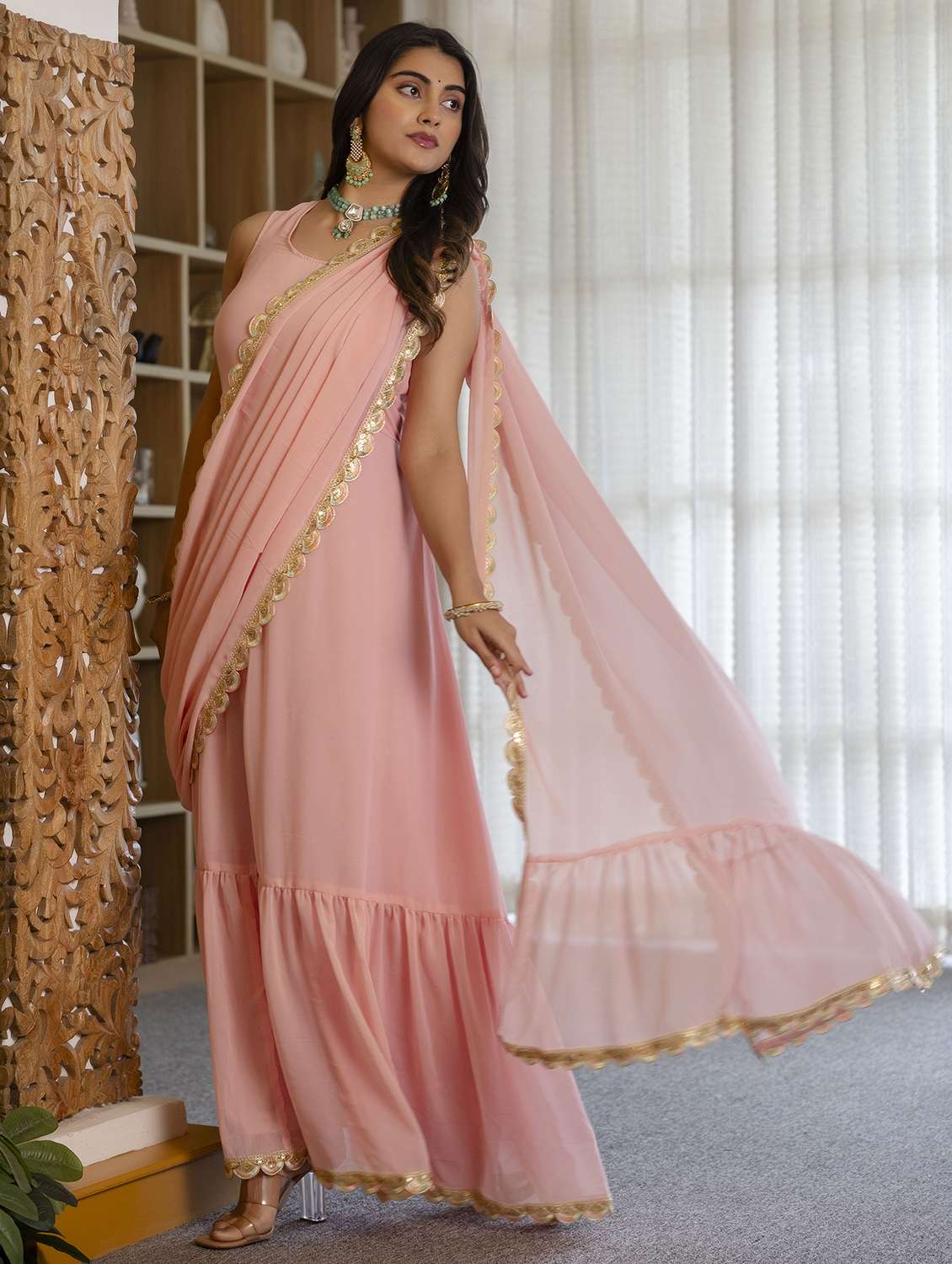 women solid pre-drape lehenga - 22303176 -  Standard Image - 1