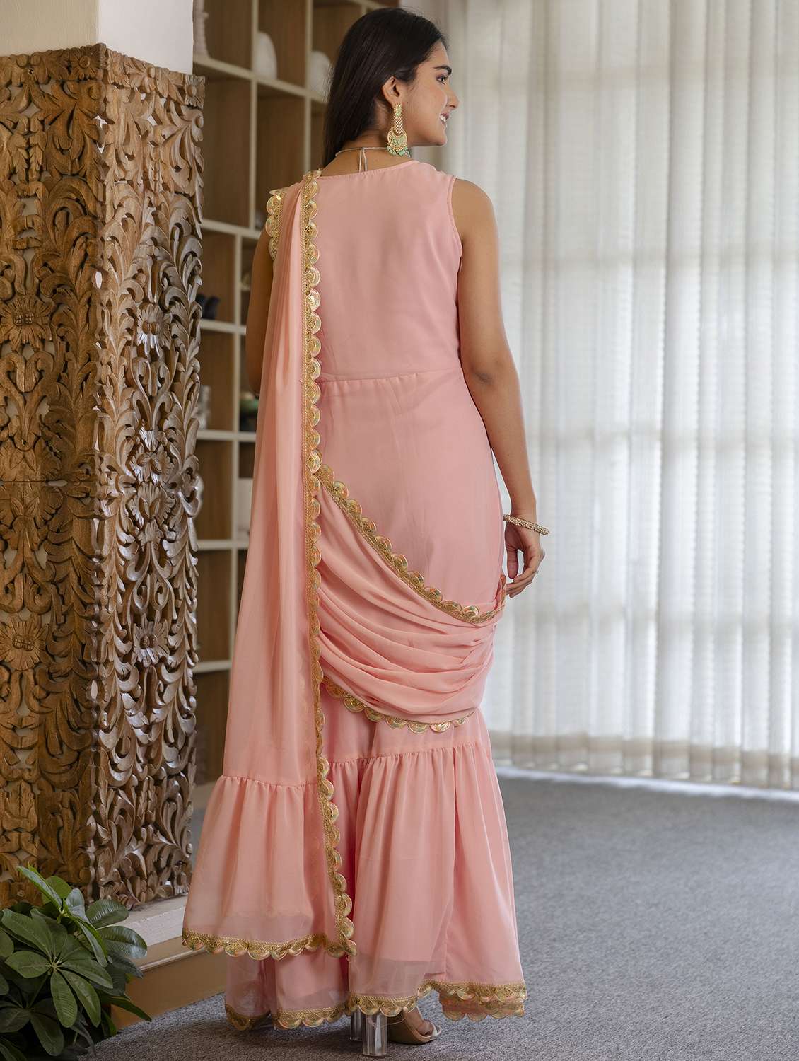 women solid pre-drape lehenga - 22303176 -  Standard Image - 4